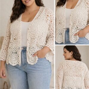Forgotten Grace Crochet Cardigan Open Knit Boho Lace Ivory Size 2X NWT